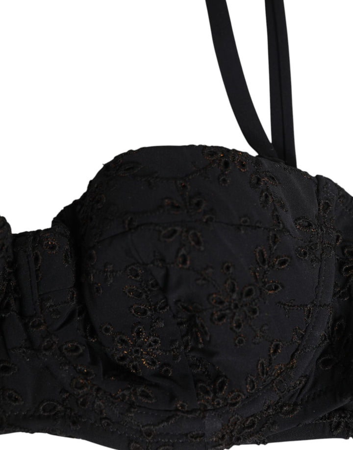 Black Polyester Embroidered Underwire Bra Underwear