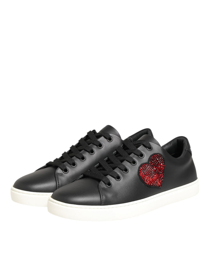 Black White Leather Crystal Heart Sneakers Shoes