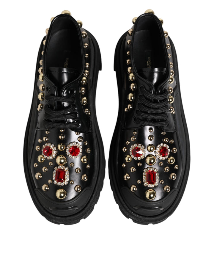 Black Leather Jeweled Crystals Derby Shoes