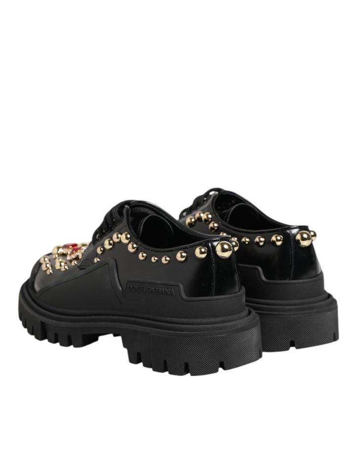 Black Leather Jeweled Crystals Derby Shoes