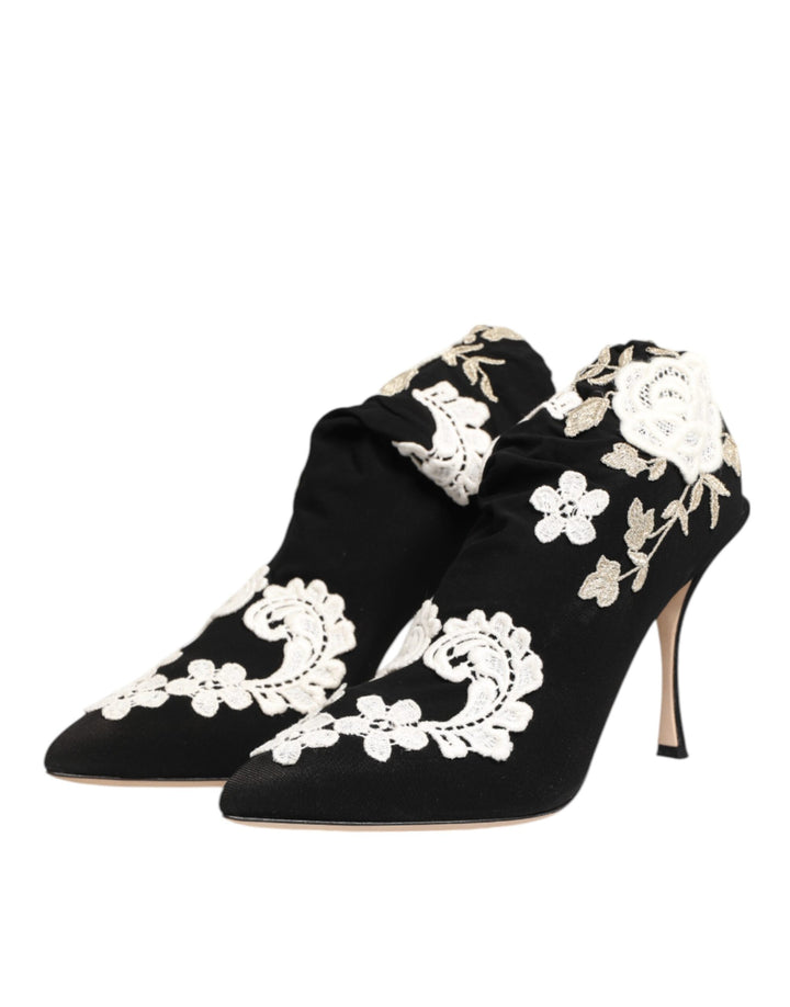 Black White Embroidered Jersey Stiletto Boots Shoes