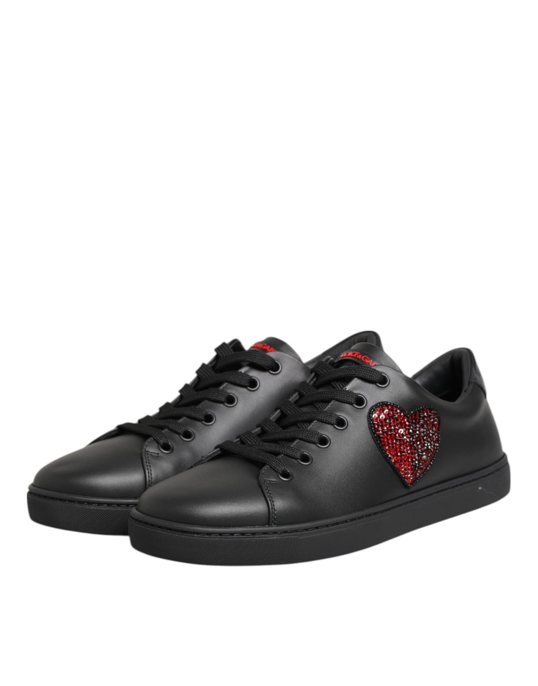 Black Leather Crystal Heart Low Top Sneakers  Shoes