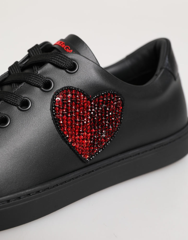 Dolce & Gabbana Black Leather Crystal Heart Low Top Sneakers  Shoes