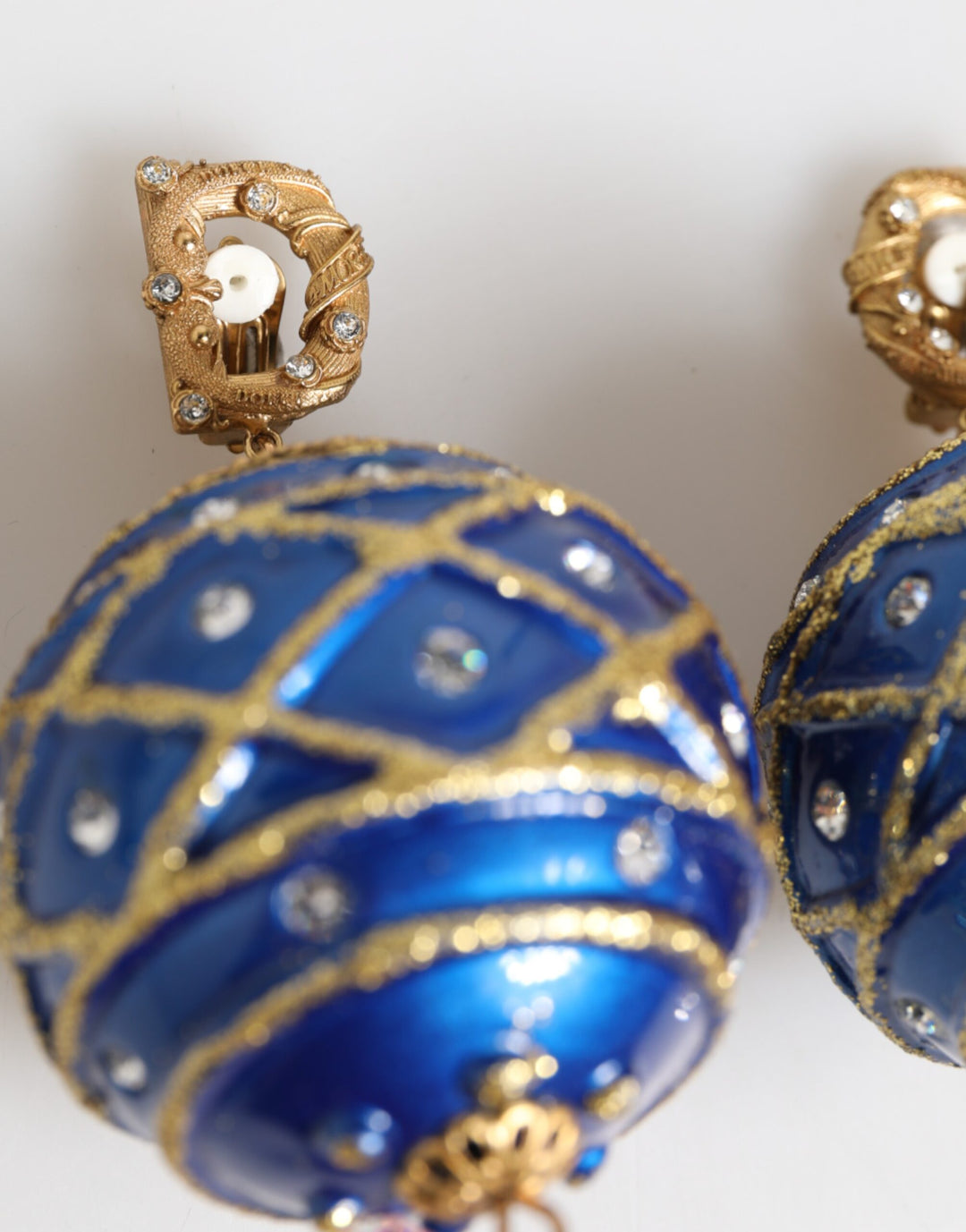 Gold Brass Blue Christmas Ball Crystal Drop Clip On Earrings