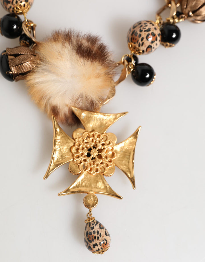 Gold Black Crystals Lapin Fur Filigree Choker Necklace