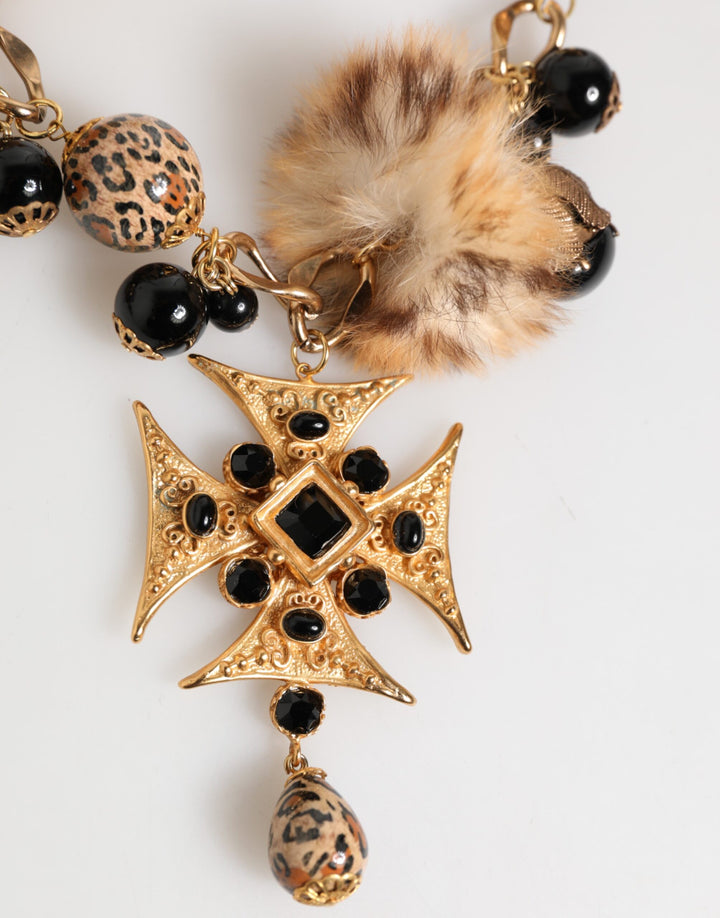 Gold Black Crystals Lapin Fur Filigree Choker Necklace