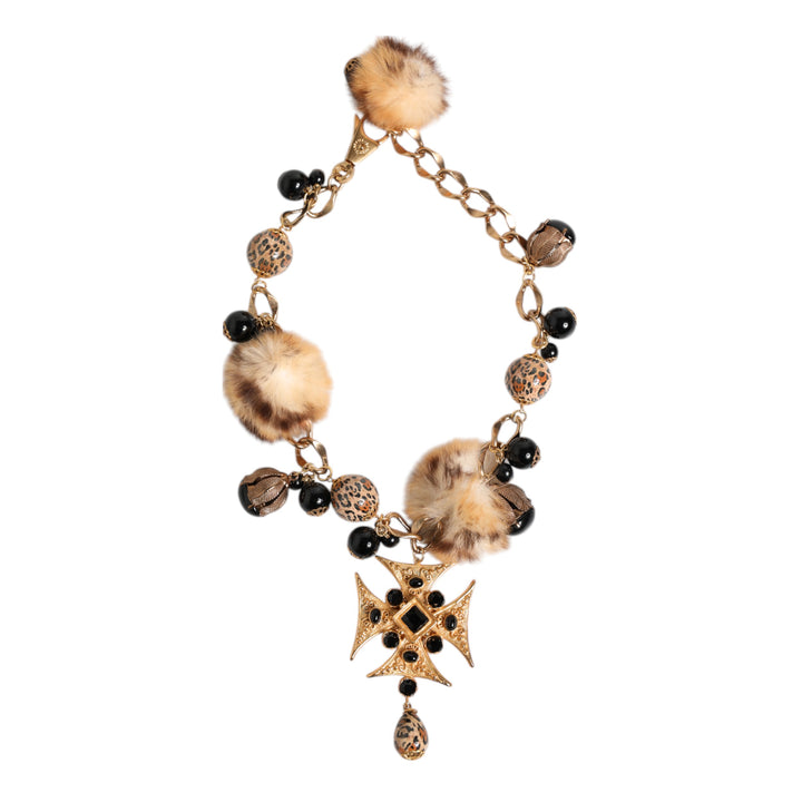 Gold Black Crystals Lapin Fur Filigree Choker Necklace