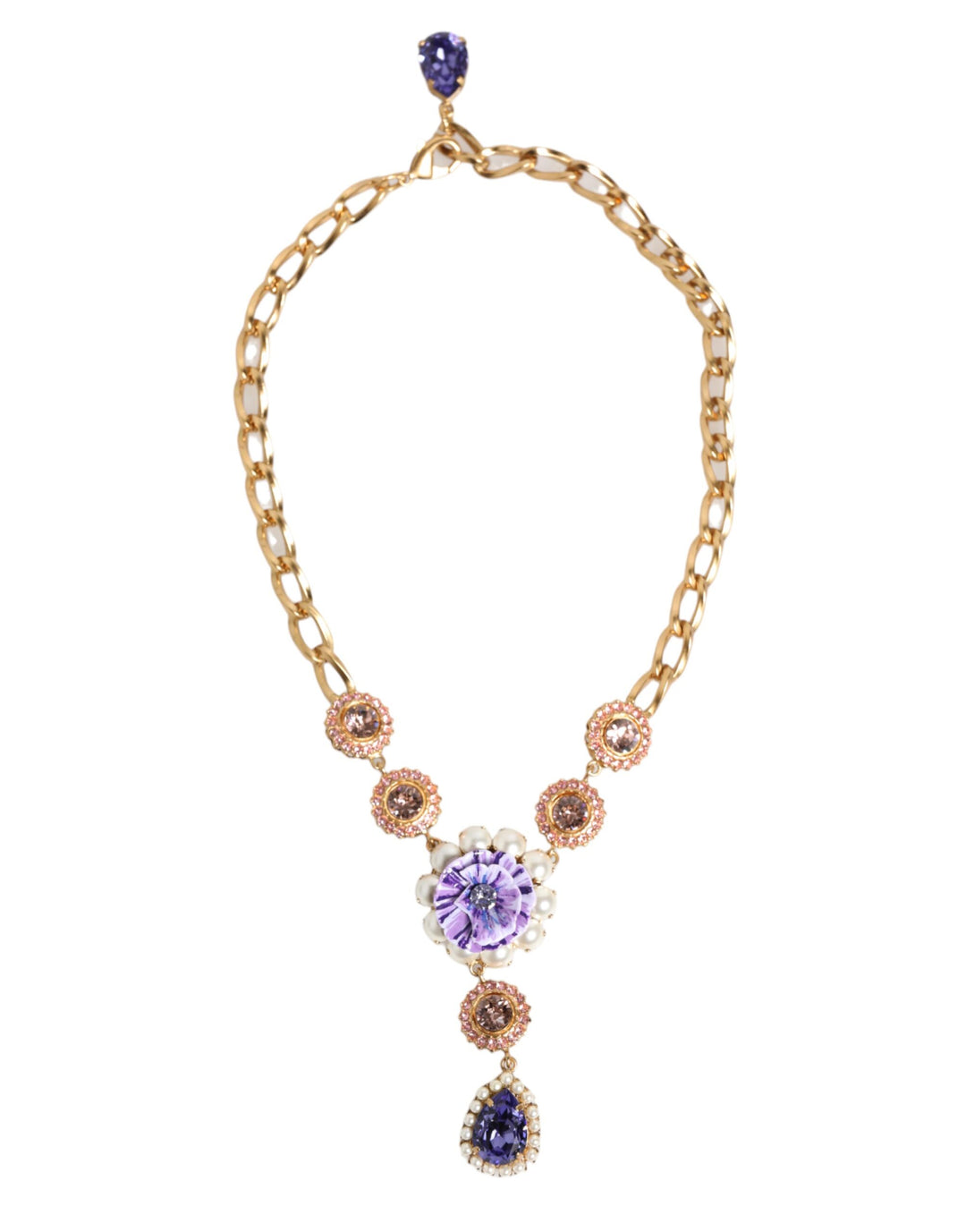 Gold Brass Crystal Pearl Purple Floral Pendant Jewelry Necklace