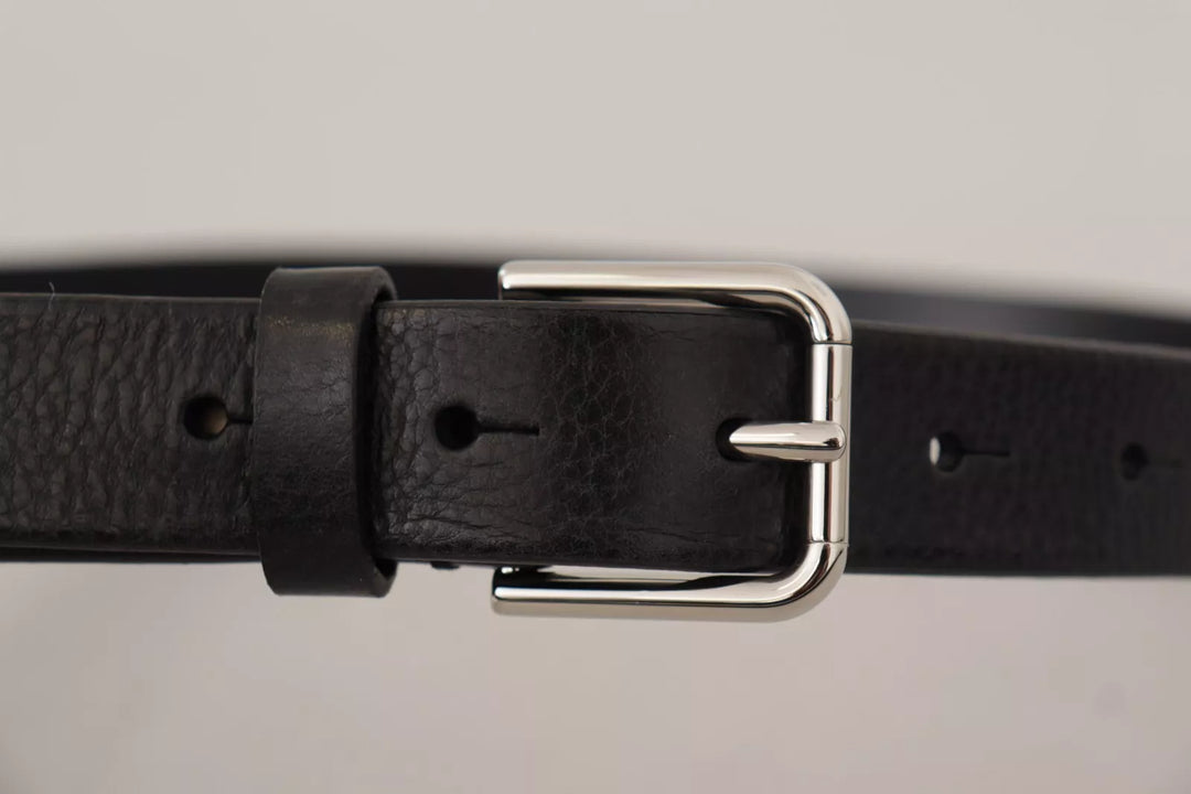 Calf Leather Silver Tone Black Metal Buckle Belt