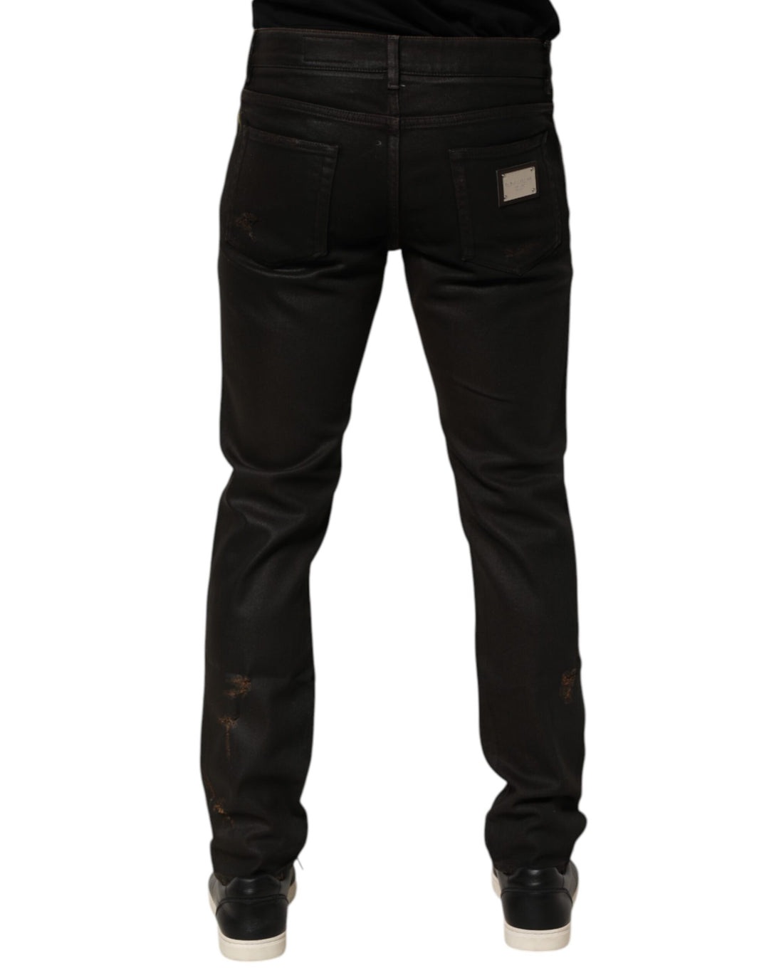 Dark Brown Tattered Cotton Skinny Denim Jeans