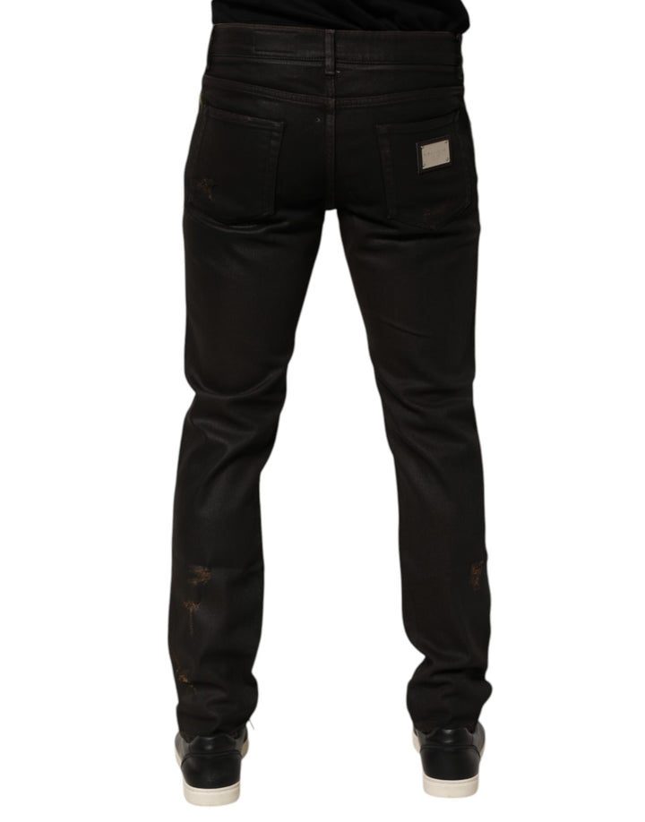 Dark Brown Tattered Cotton Skinny Denim Jeans