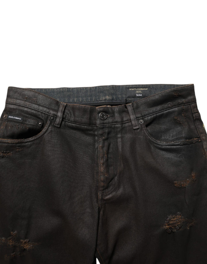 Dark Brown Tattered Cotton Skinny Denim Jeans