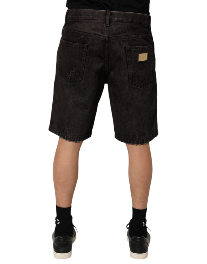 Dolce & Gabbana Black Cotton Tattered Denim Men Bermuda Short