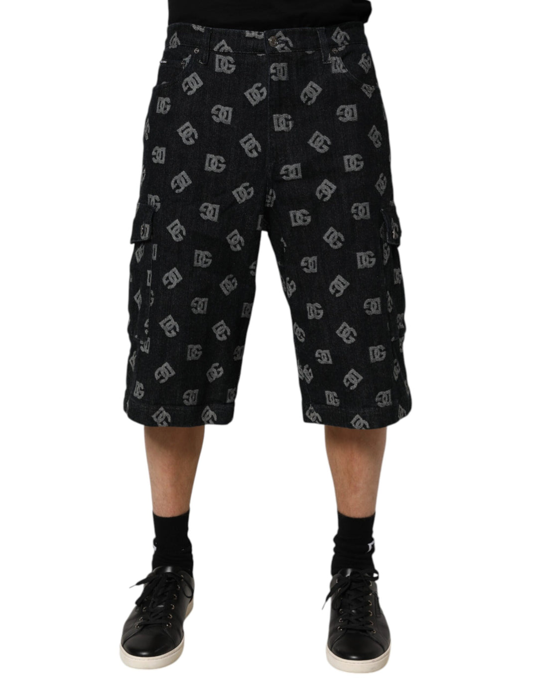 Dolce & Gabbana Black Monogram Denim Cargo Men Bermuda Short