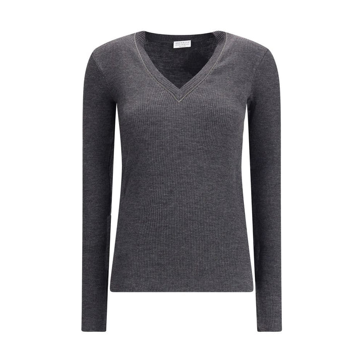 Long sleeve wool ribbed jersey T-shirt with shiny trim