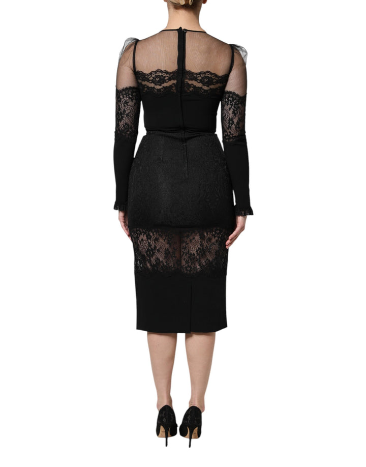Dolce & Gabbana Black Lace Trim Nylon Tulle SheathMidi Dress