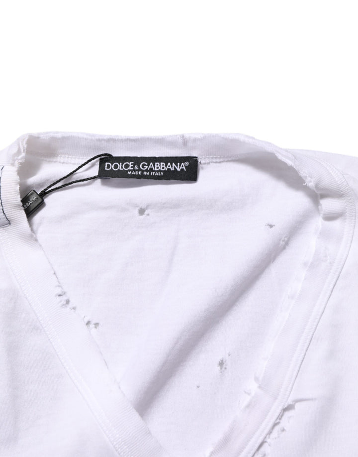 Dolce & Gabbana White Distressed Cotton V Neck Men T-shirt