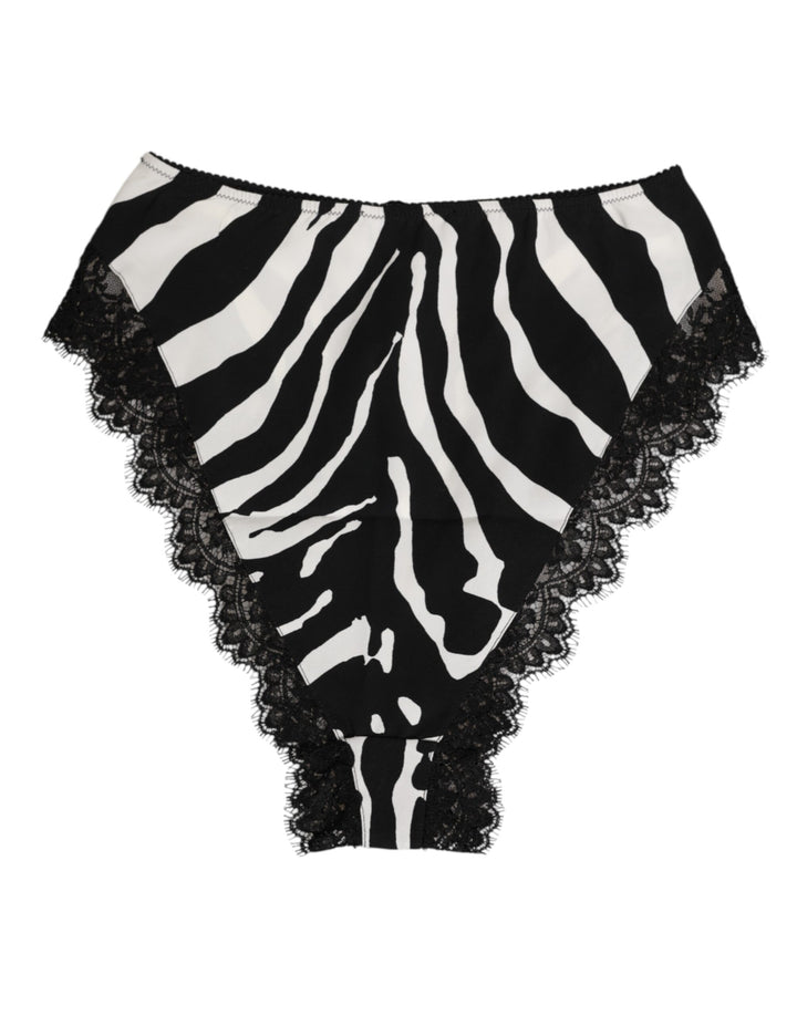 Dolce & Gabbana Black Silk Zebra Print Lace High Waist Underwear