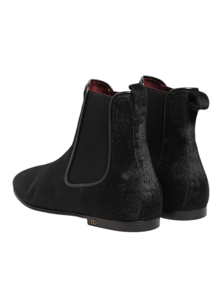 Dolce & Gabbana Black Leather Fur Men CHELSEA Boots Shoes