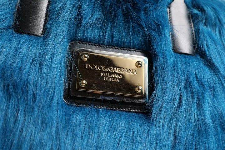 Dolce & Gabbana Blue Fur Logo Plaque Double Handle Shoulder Bag