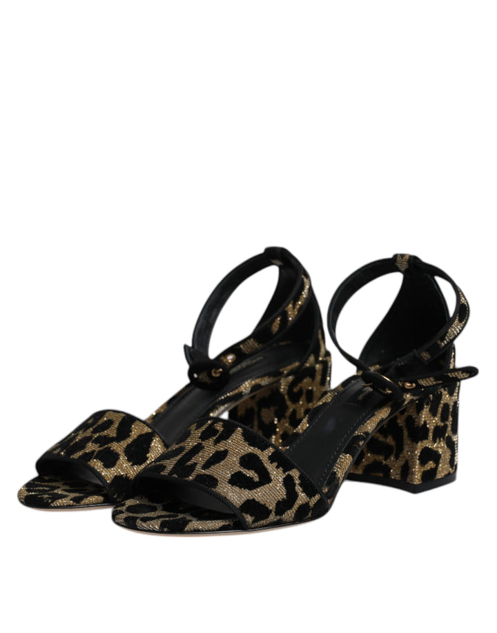 Dolce & Gabbana Gold Leopard Ankle Strap Heels Sandals Shoes