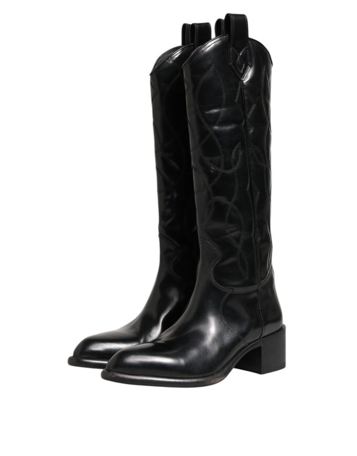 Dolce & Gabbana Black Leather Over The Calf Biker Boots Shoes