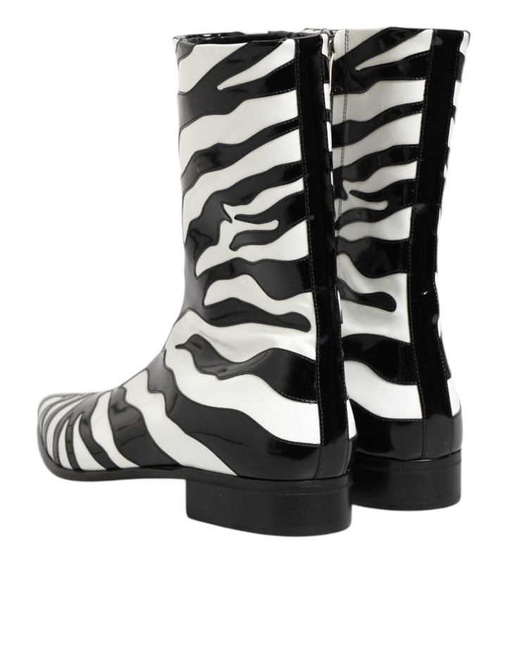 Dolce & Gabbana Black White Zebra Leather Mid Calf Boots Shoes