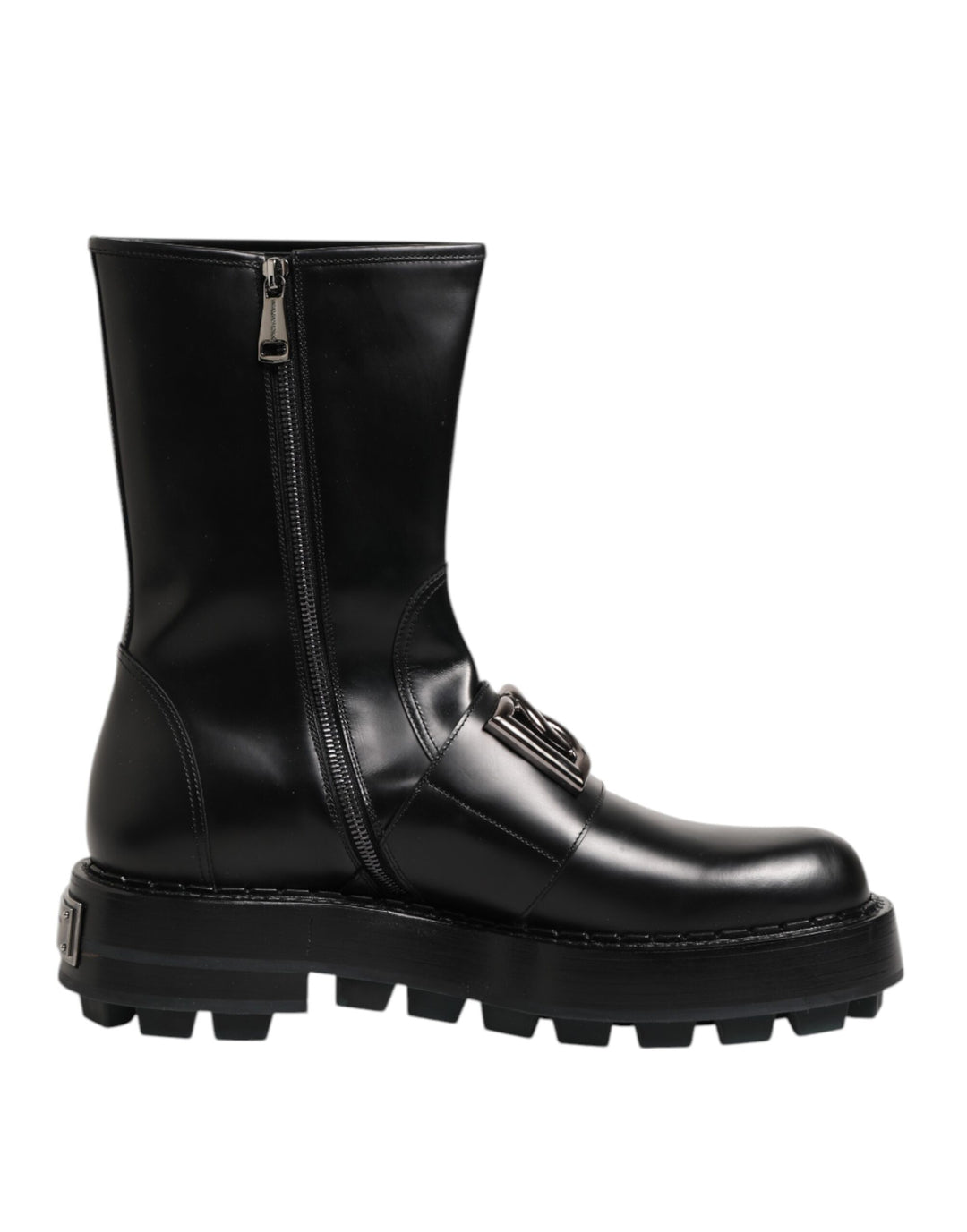 Dolce & Gabbana Black Logo Plaque Mid Calf Biker Boots Shoes