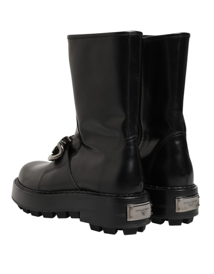 Dolce & Gabbana Black Logo Plaque Mid Calf Biker Boots Shoes