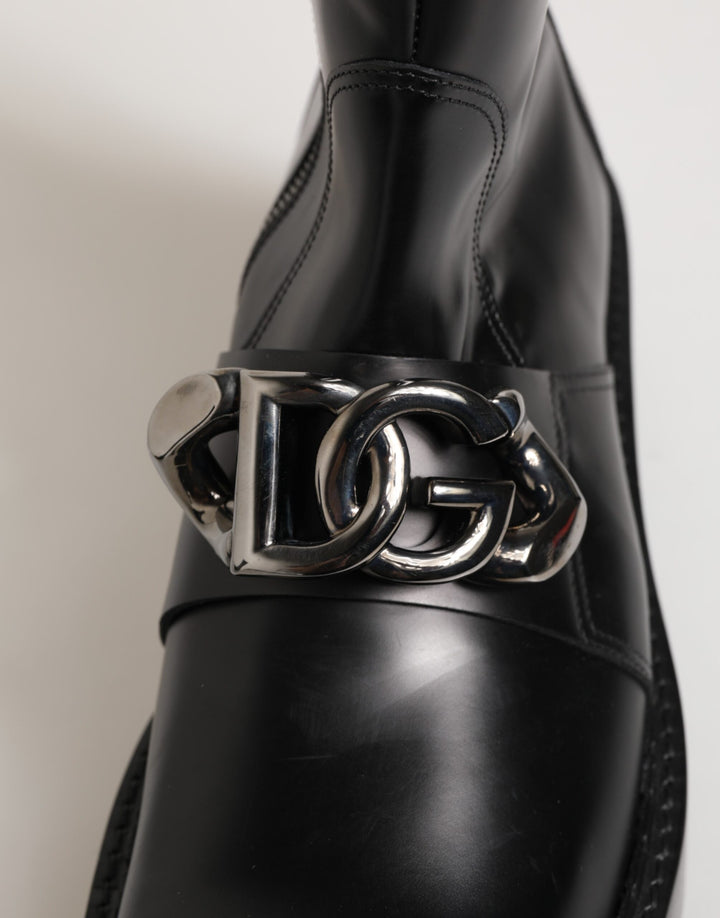 Dolce & Gabbana Black Logo Plaque Mid Calf Biker Boots Shoes