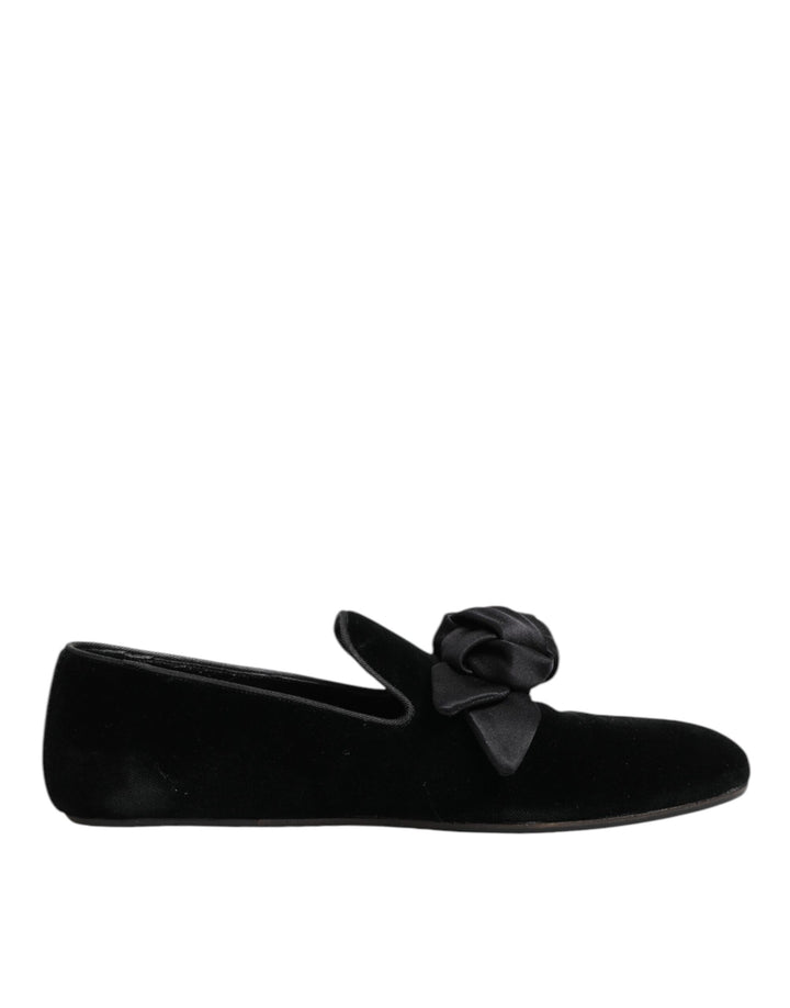 Dolce & Gabbana Black Suede Cotton Rose Slip On Loafers Shoes