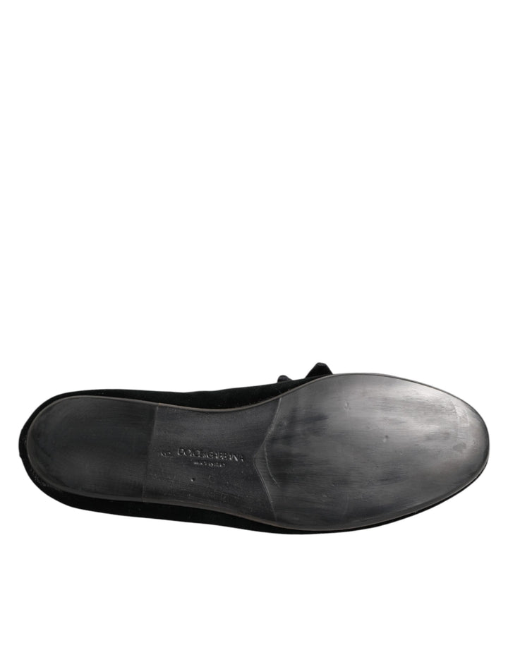 Dolce & Gabbana Black Suede Cotton Rose Slip On Loafers Shoes