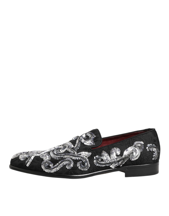 Dolce & Gabbana Black Silver Sequined Loafers Men Dress Shoes