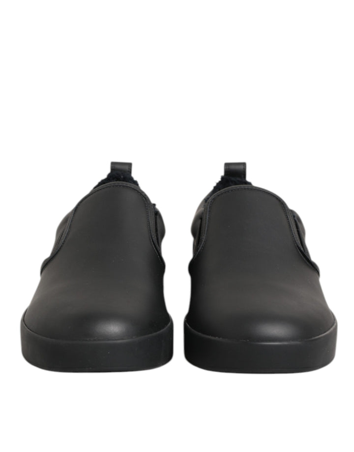Dolce & Gabbana Black Leather Low Top Slip On Sneakers Shoes