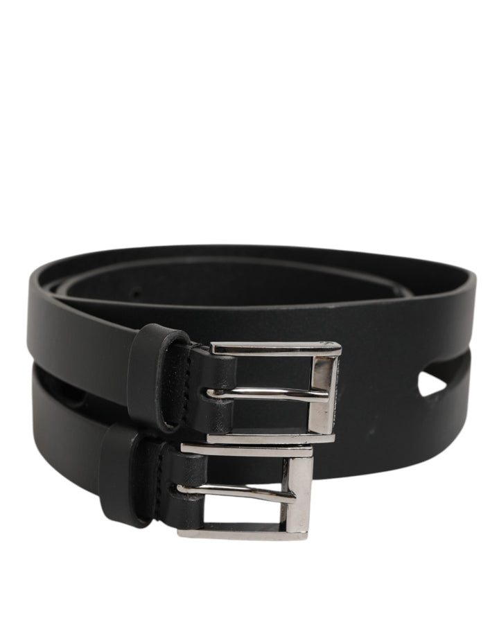 Dolce & Gabbana Black Double Strap Leather Silver Buckle Belt