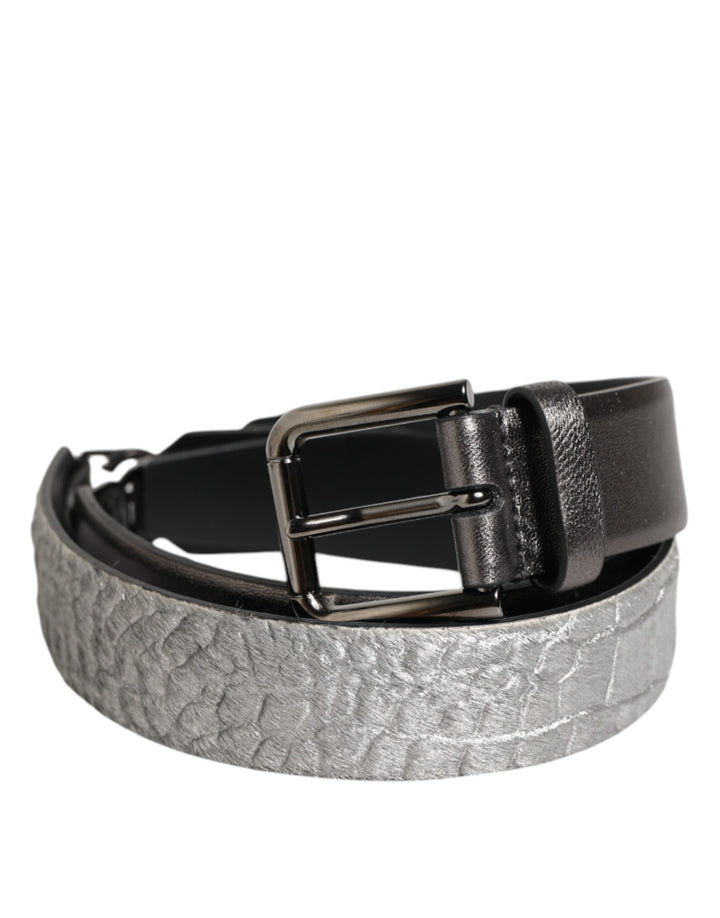 Dolce & Gabbana Black Silver Pebbled Texture Leather Buckle Men Belt