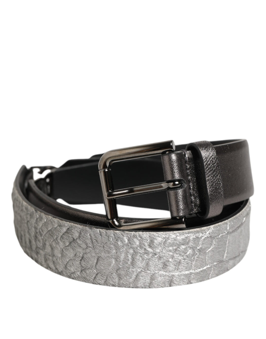 Dolce & Gabbana Black Silver Pebbled Texture Leather Buckle Men Belt