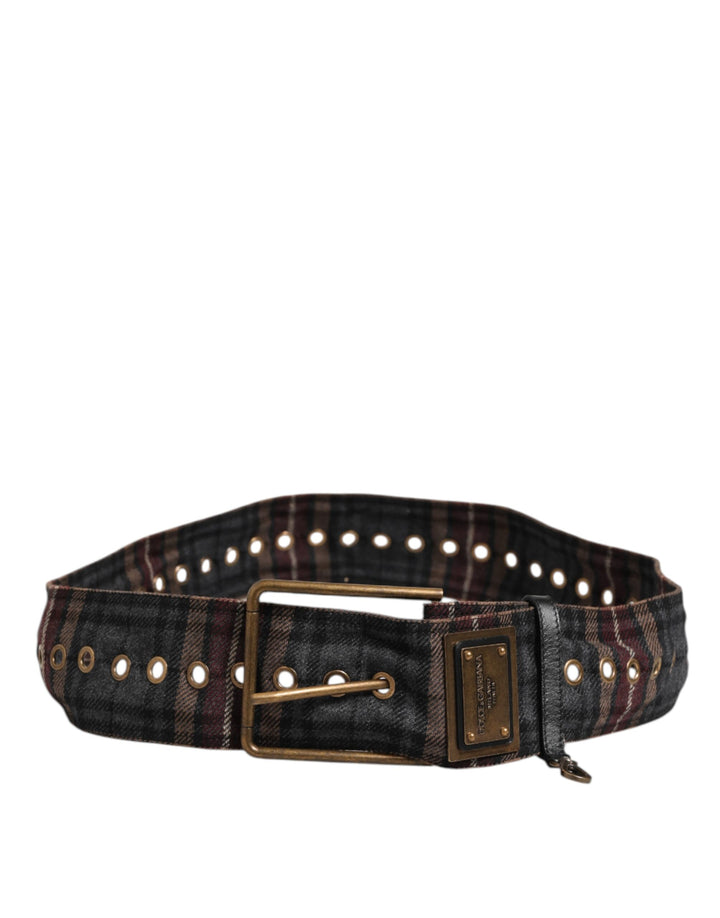 Dolce & Gabbana Plaid Fabric Logo Plate Brass Buckle Belt