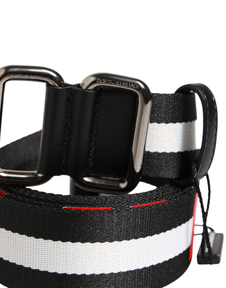 Dolce & Gabbana Black White Striped Logo Metal Buckle Belt