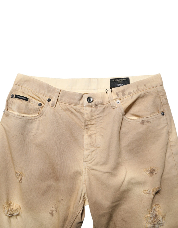 Dolce & Gabbana Beige Cotton Loose Tattered Men Denim Jeans