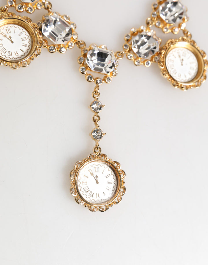 Dolce & Gabbana Gold Crystal Clock Pendant Statement Jewelry Necklace