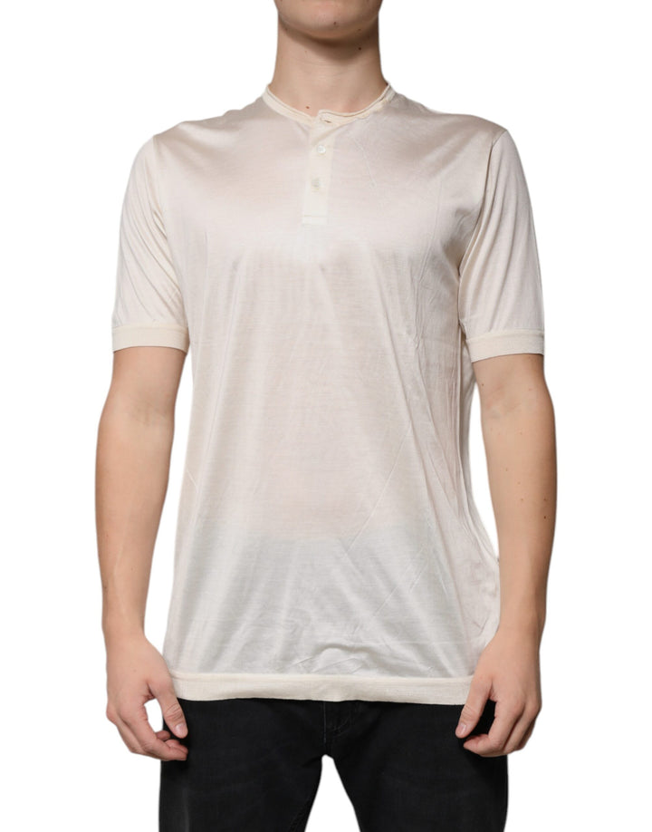Dolce & Gabbana Off White Silk Henley Short Sleeves T-Shirt