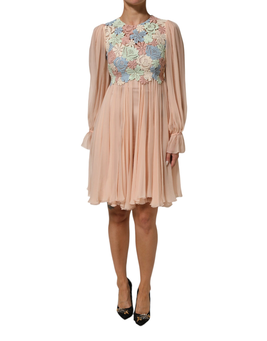 Dolce & Gabbana Pink Floral Embroidery Pleated A-line Dress SEYMAYKA Dolce & Gabbana Pink Floral Embroidery Pleated A-line Dress SEYMAYKA