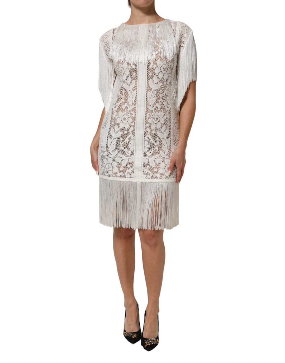 Dolce & Gabbana White Floral Lace Fringe Knee Length Dress Dolce & Gabbana White Floral Lace Fringe Knee Length Dress