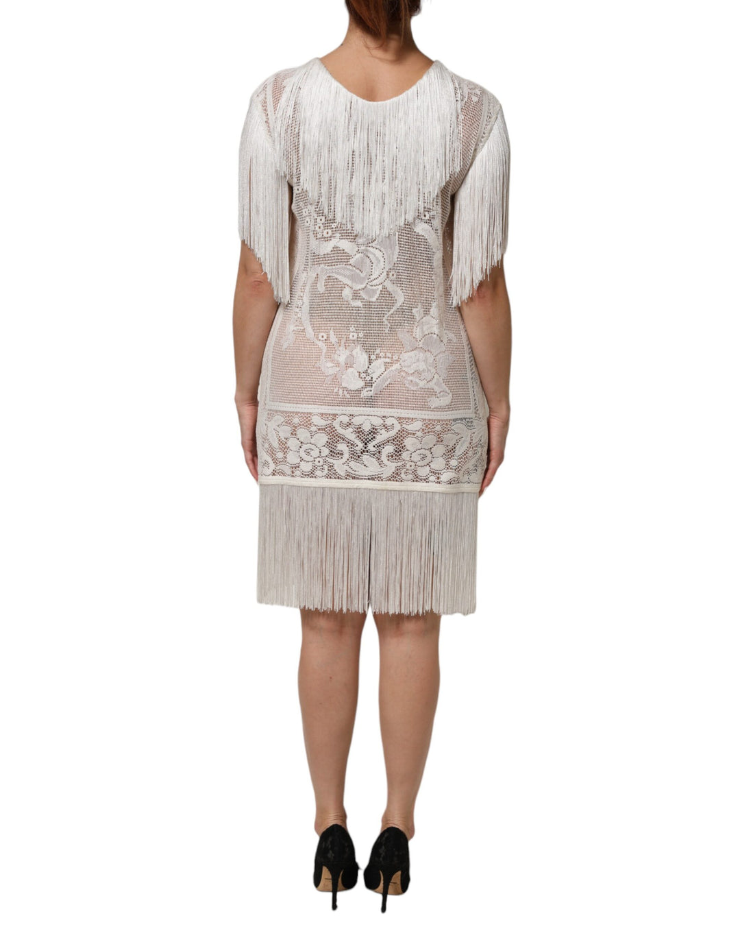 Dolce & Gabbana White Floral Lace Fringe Knee Length Dress Dolce & Gabbana White Floral Lace Fringe Knee Length Dress