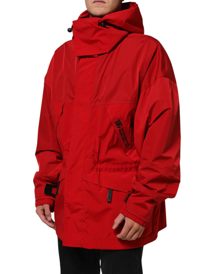 Dolce & Gabbana Red Nylon Hooded Men Full Zip Parka Jacket