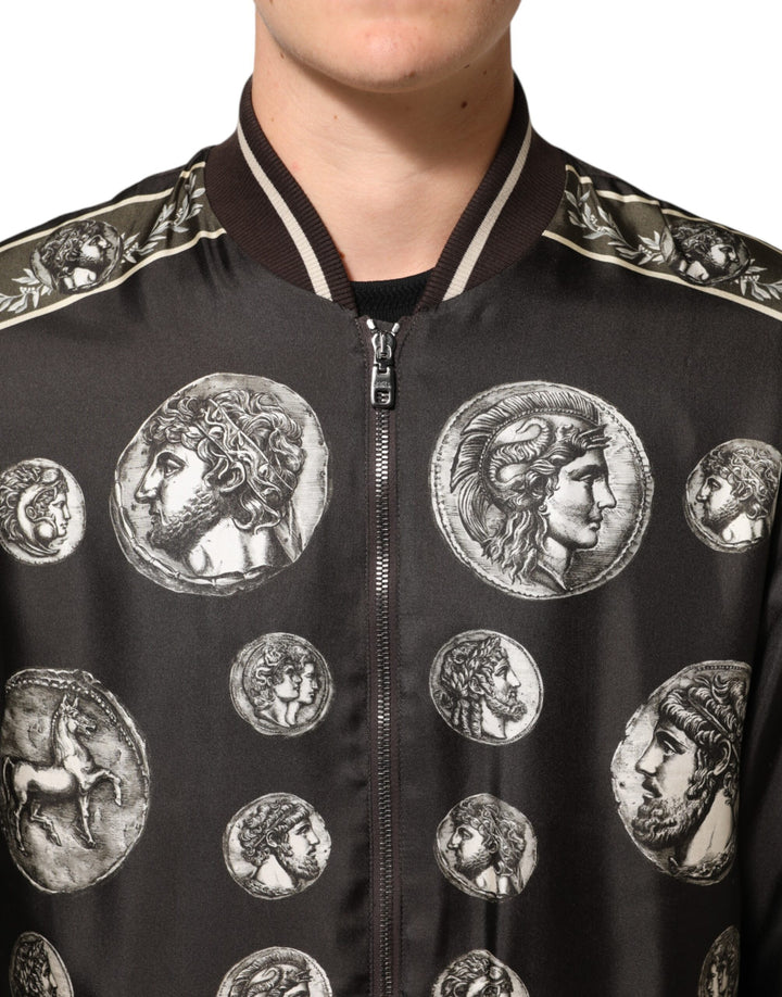 Dolce & Gabbana Black "Monete" Coin Print Silk Bomber Jacket