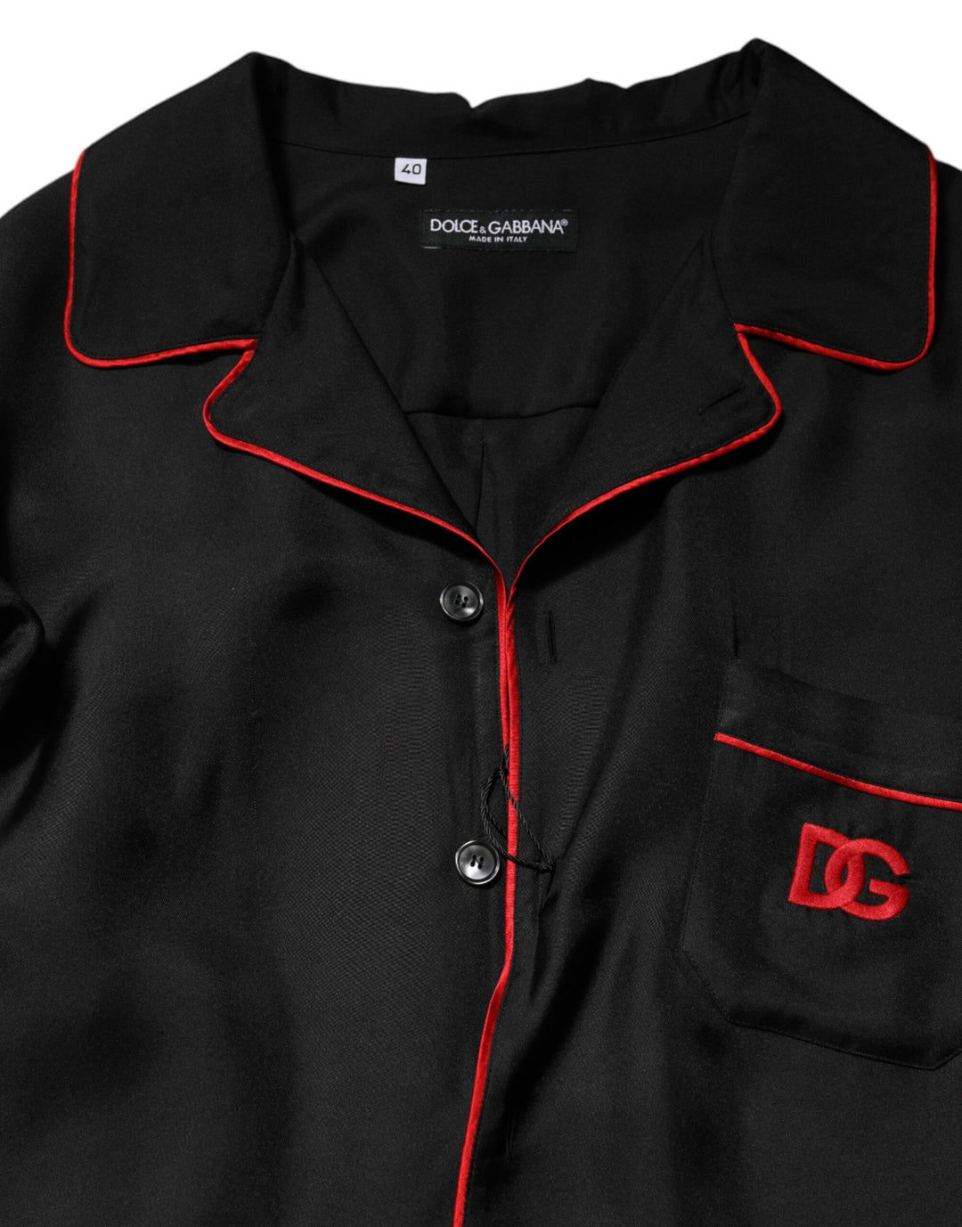 Dolce & Gabbana Black Red Contrast Trim Silk Casual Shirt