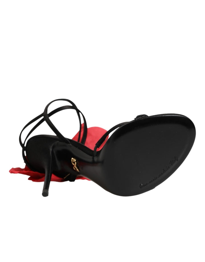 Dolce & Gabbana Black Leather Strappy Flower Heels Sandals  Shoes