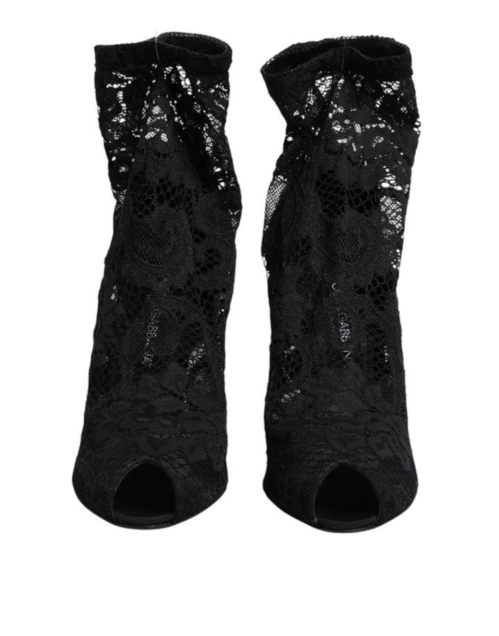 Dolce & Gabbana Black Stretch Taormina Lace Boots Shoes